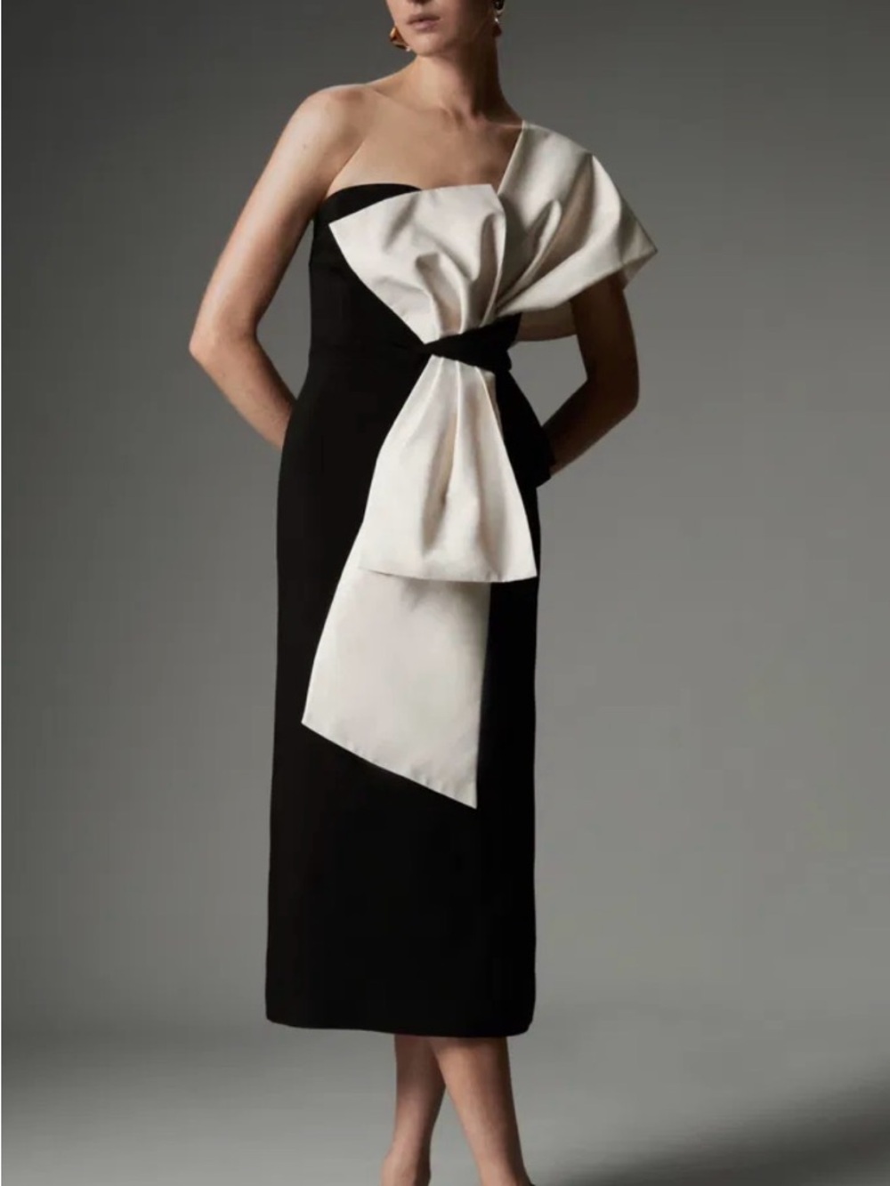 Karen Millen Black One-Shoulder Midi Dress with Ivory Sculpted Bow